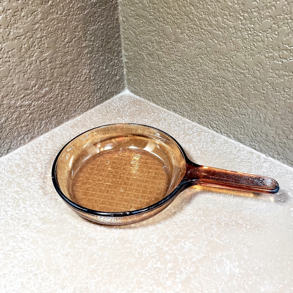 VTG Corning Visions 7" Skillet Frypan Waffle Bottom 6A USA Amber Glass Stove…
